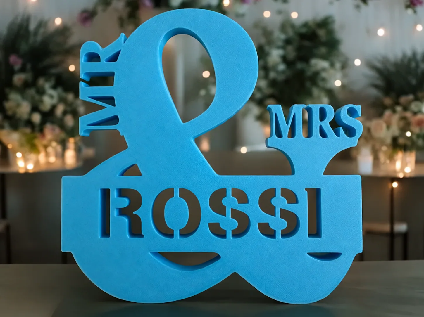 Decorazione azzurra per sposi a forma di & con MR e MRS e cognome ROSSI ritagliato, nella composizione della foto originale MakerWorld