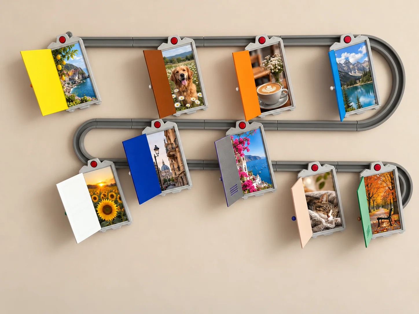 Portafoto da parete con nove porticine colorate aperte e fotografie, su sfondo beige neutro
